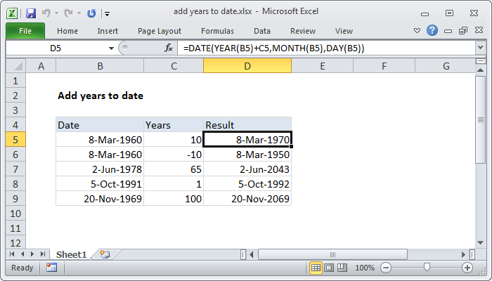 excel formula add 5 years to a date